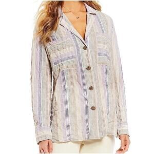 Free People Striped Button-Down Shirt in Cream and Lavender